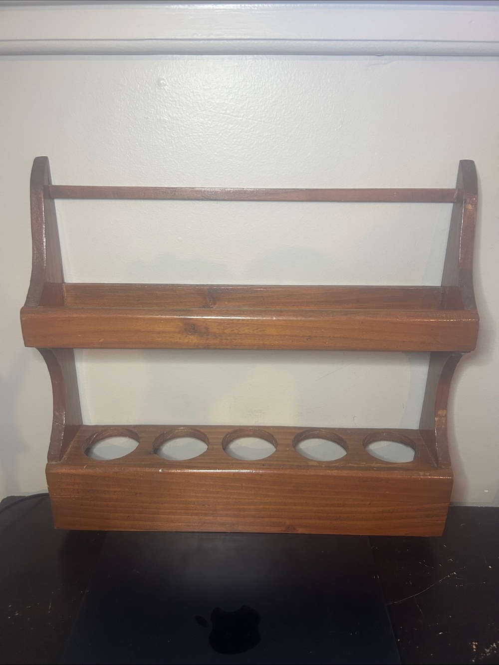 Wooden Spice Rack with 5 Jar Openings and Upper Shelf Rustic Kitchen Decor